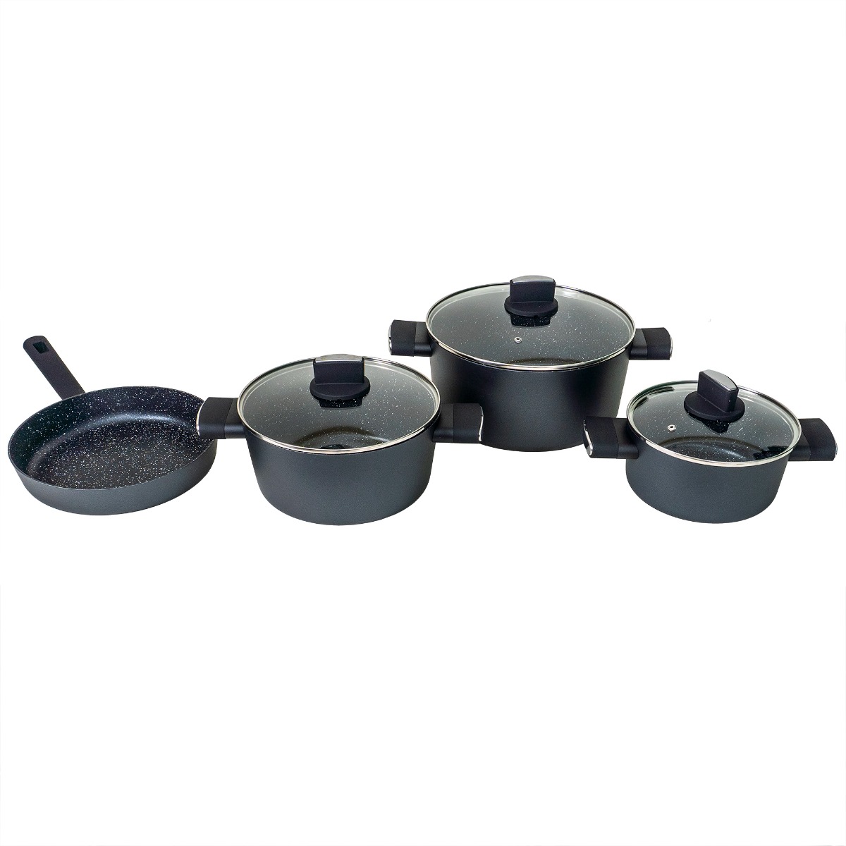 Set oale, 7 piese din aluminiu,compus din 3 oale cu manere ,1 tigaie, 3 capace sticla termorezistente, Zilan