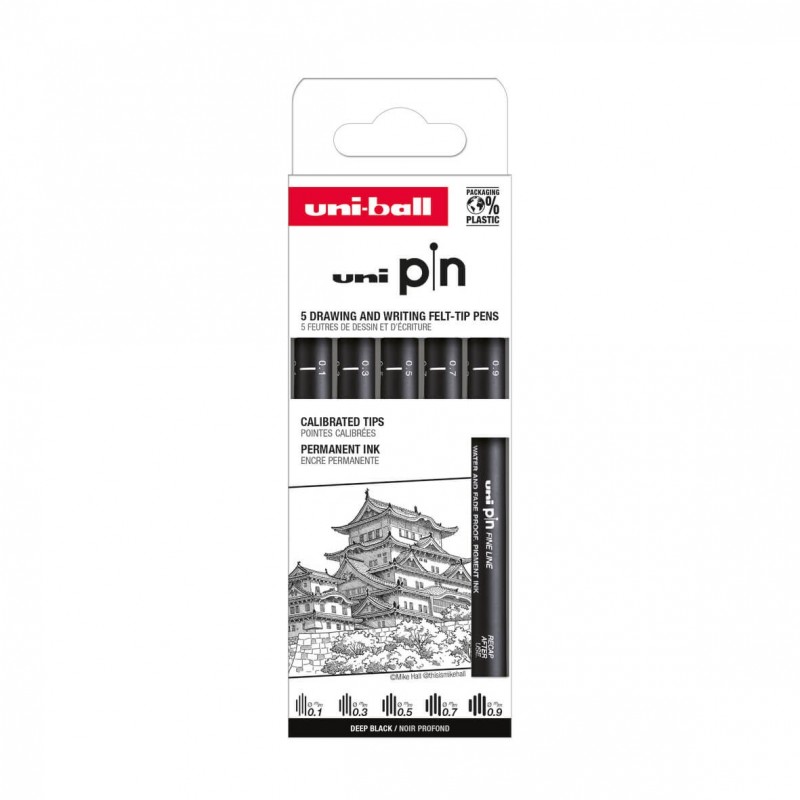 Set 5x Liner UNI PIN-200 ASP008, pe baza de apa, varf 0.1-0.9mm, negru