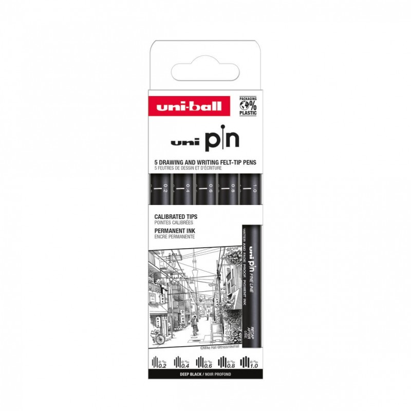 Set 5x Liner UNI PIN-200 ASP009, pe baza de apa, varf 0.2-1.0mm, negru