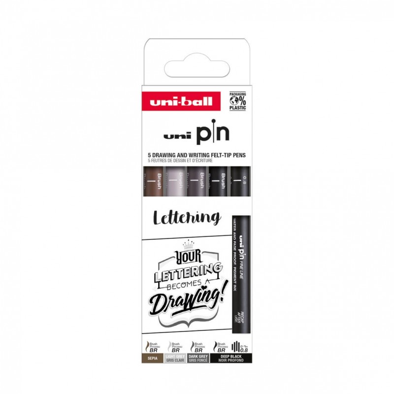 Set 5x Liner UNI PIN-200 ASP012, pe baza de apa, varf 0.8mm + pensula, negru, gri deschis, gri inchis, sepia