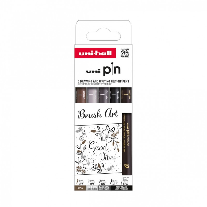 Set 5x Liner UNI PIN-200 ASP014, pe baza de apa, varf pensula + pensula extra-fin, negru, gri deschis, gri inchis, sepia
