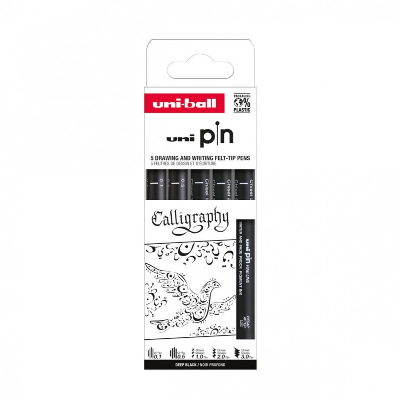 Set 5x Liner UNI PIN-200 ASP015, pe baza de apa, varf 0.1-0.5mm + tesit 1.0-3.0mm, negru