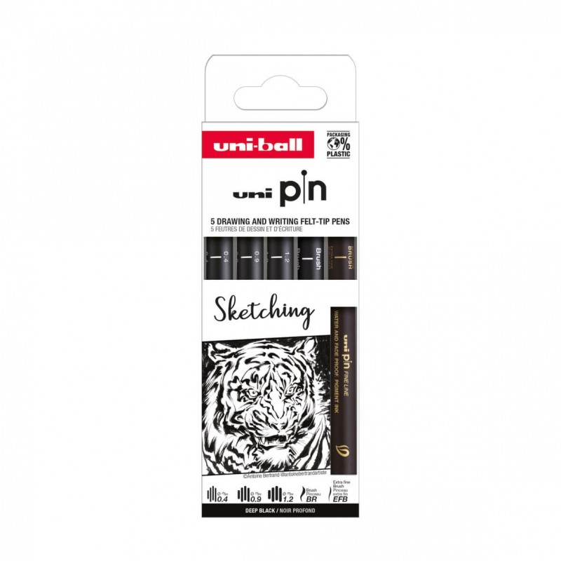 Set 5x Liner UNI PIN-200 ASP017, pe baza de apa, varf 0.4-1.2mm + pensula + pensula extra-fin, negru