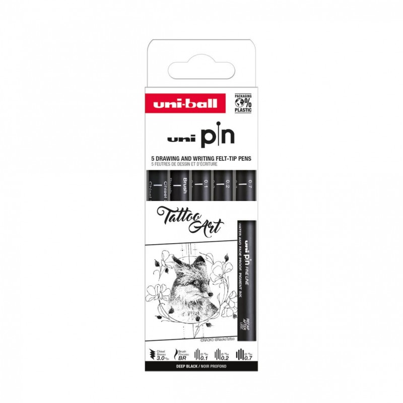 Set 5x Liner UNI PIN-200 ASP018, pe baza de apa, varf 0.4-1.2mm + pensula + tesit 3.0mm, negru