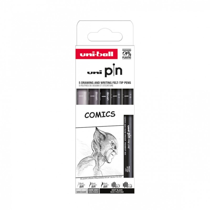 Set 5x Liner UNI PIN-200 ASP019, pe baza de apa, varf 0.7-1.0mm + pensula, negru, gri deschis, gri inchis