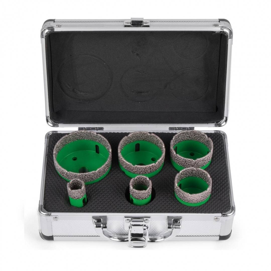 Set 6 carote diamantate pentru gresie, marmura, 20/25/40/45/50/68 mm, prindere M14, umed sau uscat, cutie depozitare