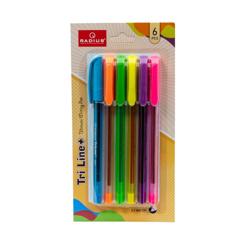 Set 6x Pix cu gel Radius Tri Line+, 0.7mm, cu capac, blister cu 6 culori fluorescente