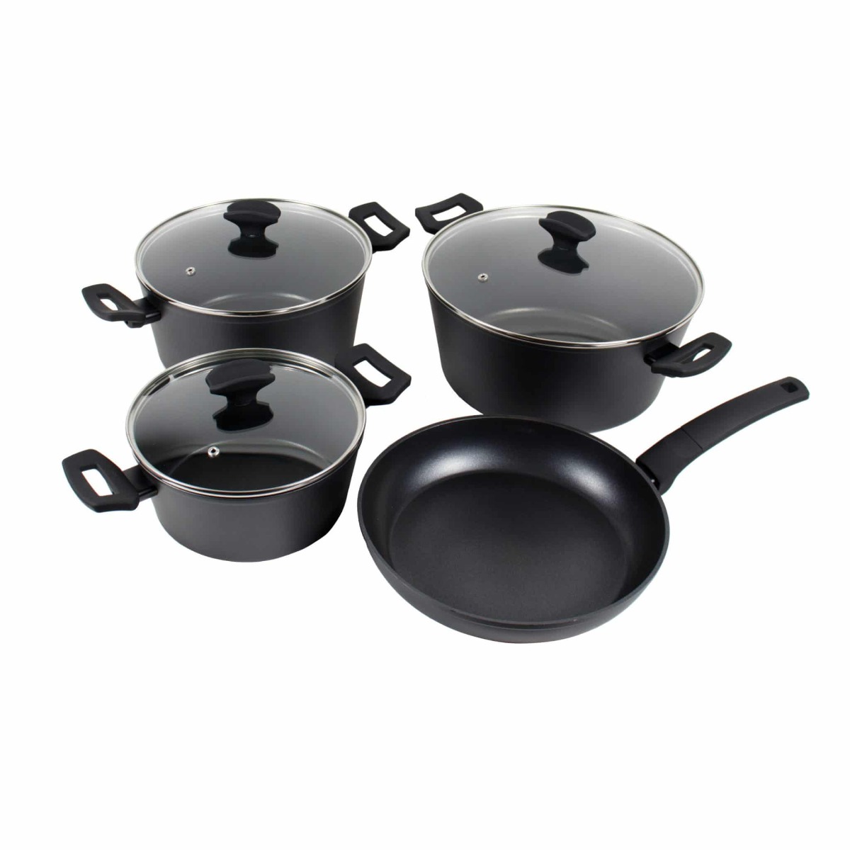 Set 7 piese din aluminiu cu strat neaderent compus din 3 oale cu manere +1 tigaie+ 3 capace sticla termorezistenta, inductie, Zilan