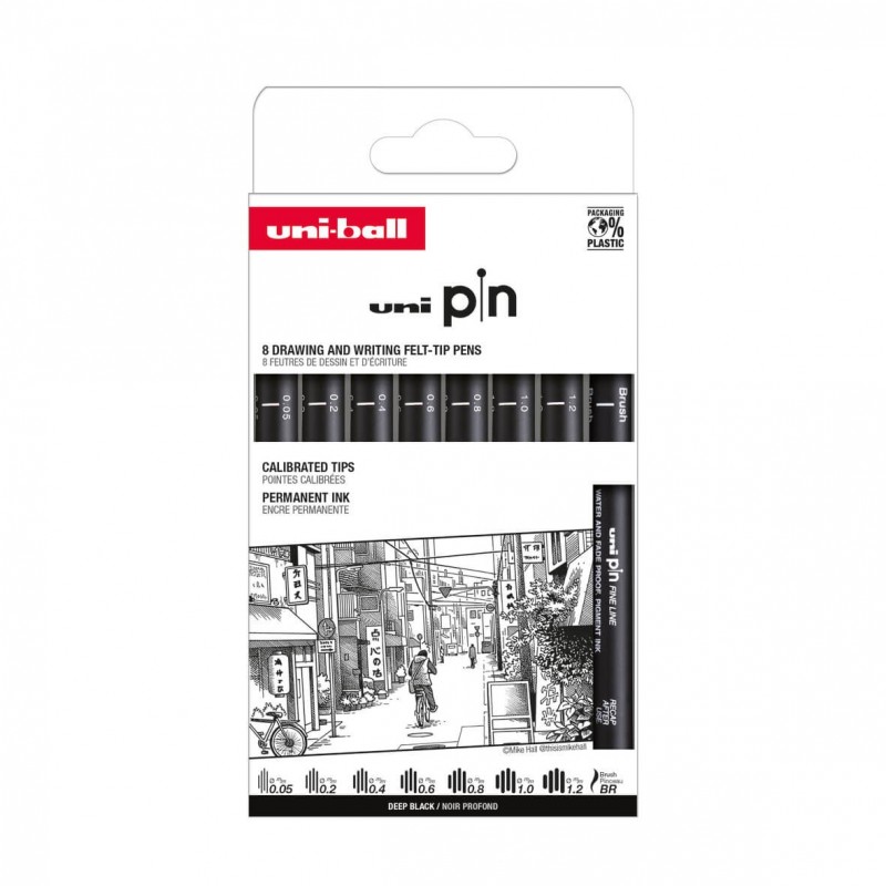 Set 8x Liner UNI PIN-200 ASP011, pe baza de apa, varf 0.05-1.2mm + pensula, negru