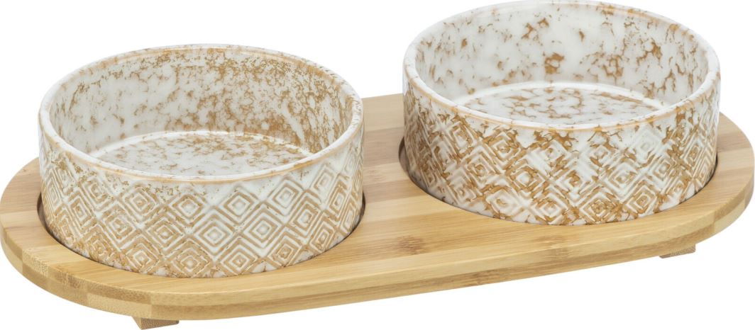 Set 2 Castroane Ceramice Cu Suport Din Bambus, 2x0.8 l/ø 16 cm/39x8x20 cm, Alb/Maro Deschis, 24829