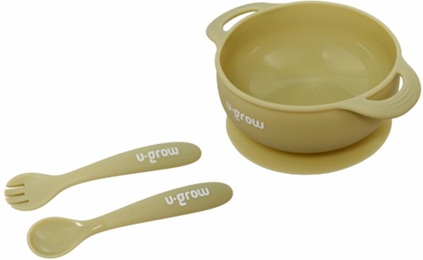 Set bol cu lingurita si furculita silicon, olive,U-Grow
