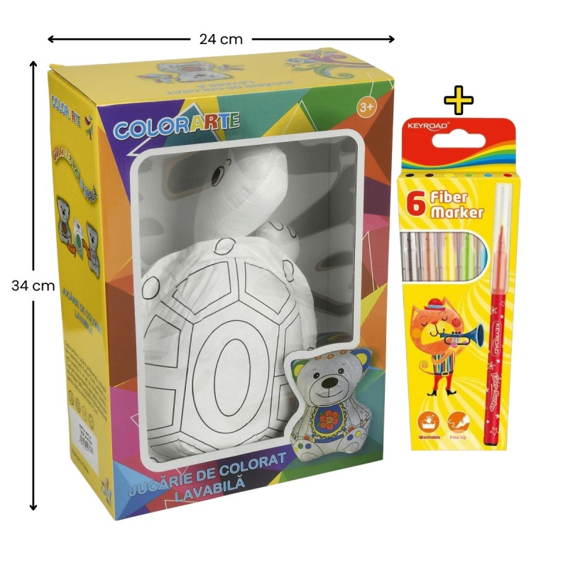 Set Jucarie vatelina pentru colorat lavabila + Carioci Keyroad Washable, 6 culori  - 34x24cm - broasca testoasa, Colorarte
