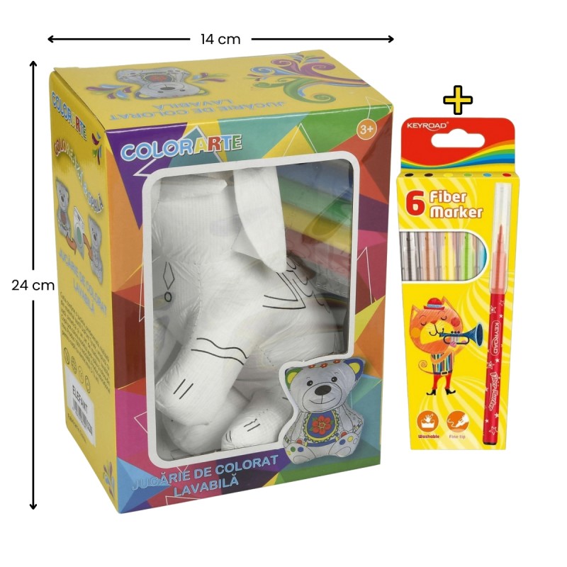 Set Jucarie vatelina pentru colorat lavabila + Carioci Keyroad Washable, 6 culori - 20x14cm - elefant, Colorarte