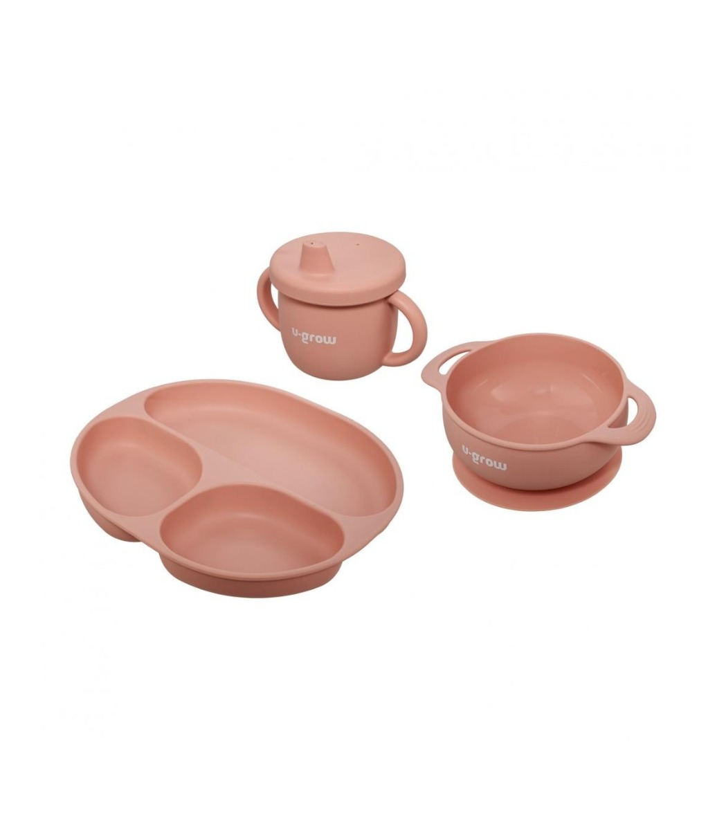 Set diversificare 3 piese silicon : bol , farfurie si cana cu cioc, roz, U-Grow