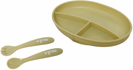 Set farfurie cu lingurita si furculita silicon, olive,U-Grow