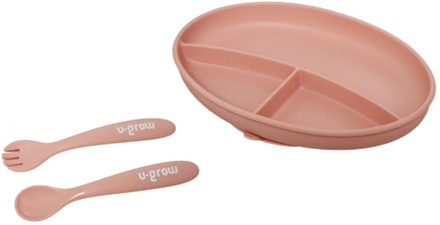 Set farfurie cu lingurita si furculita silicon, roz , U-Grow
