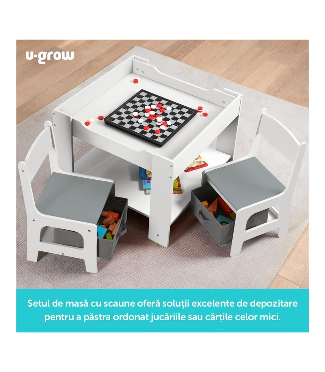Set masuta si 2 scaune pentru copii, alb , MDF, U-Grow