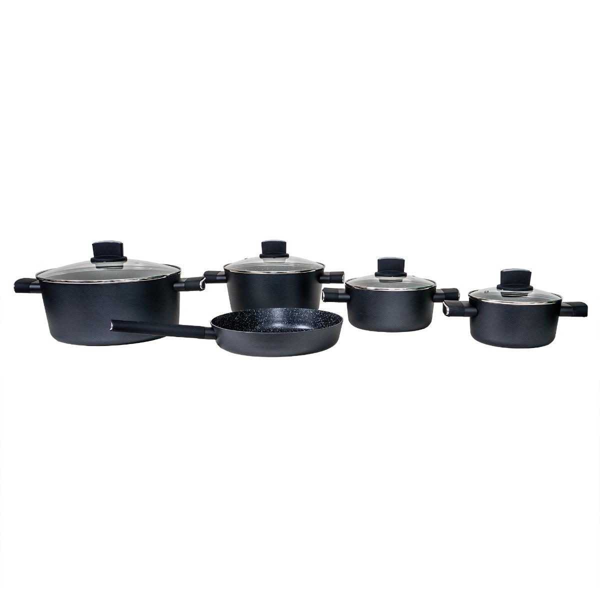 Set oale, 9 piese din aluminiu, compus din 4 oale cu manere ,1 tigaie, 4 capace sticla termorezistente, Zilan