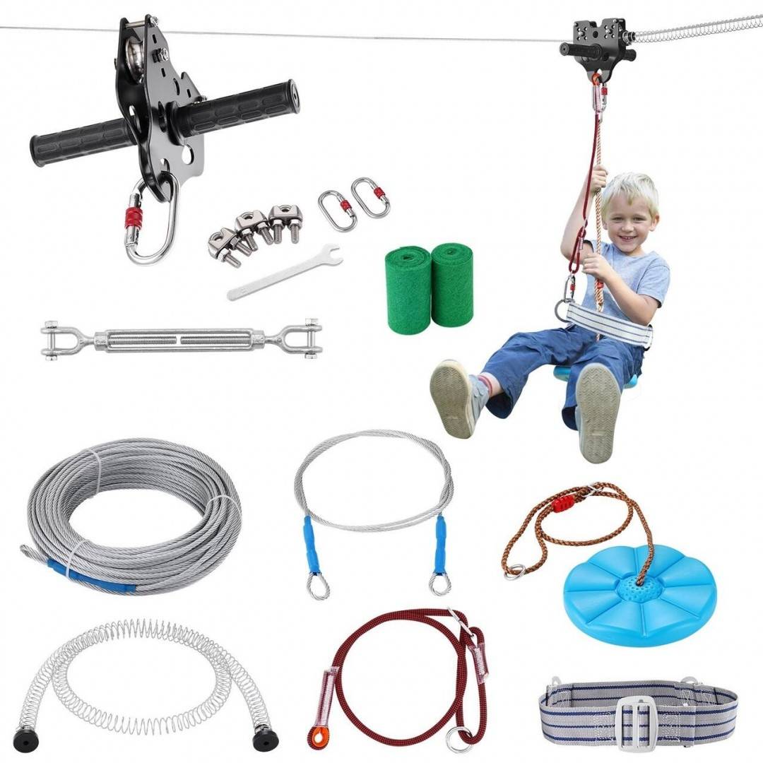 Set tiroliana lungime 36 m, capacitate max 226 kg, cablu, Ham, frana cu arc, scaun
