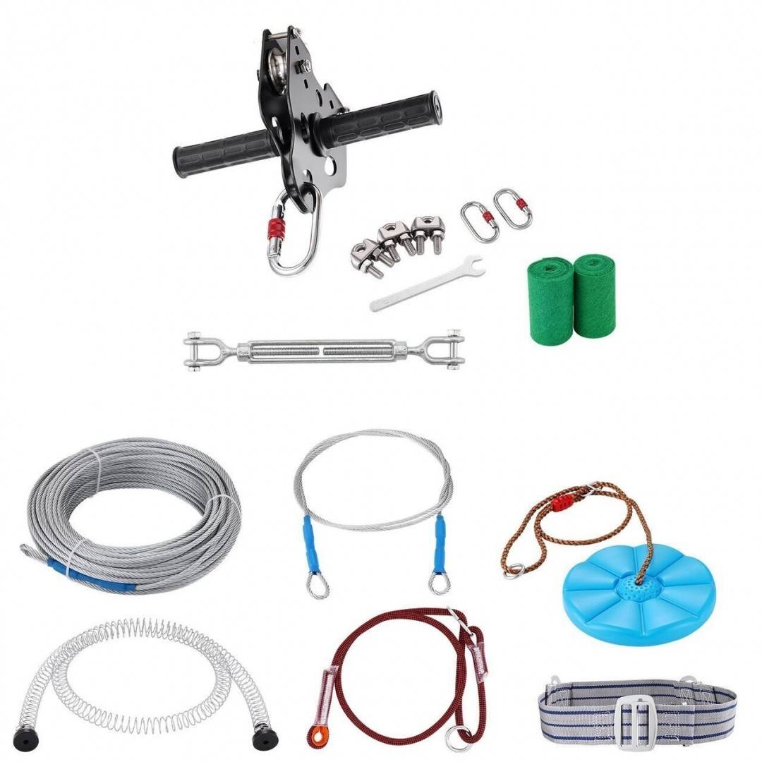 Set tiroliana lungime 49 m, capacitate max 226 kg, cablu, Ham, frana cu arc, scaun Cod produs :