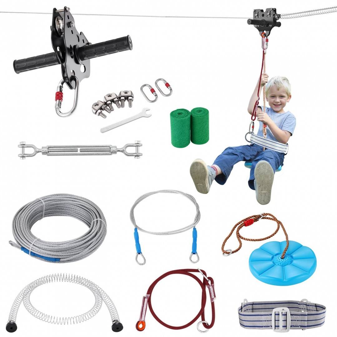 Set tiroliana Vevor lungime 24 m, capacitate max 226 kg, cablu, Ham, frana cu arc, scaun