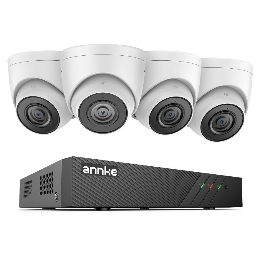 Sistem performant de supraveghere video ANNKE N98PBL+I51DS*4, PoE, NVR 8 canale, 4 camere tip Turret interior/exterior 5MP, Ultra HD/2k+, vedere nocturna IR, audio, rezistent la intemperii