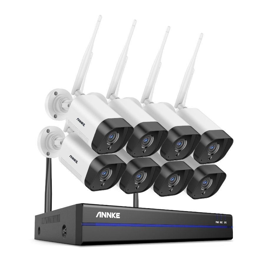 Sistem performant de supraveghere video WiFi ANNKE N48WHR+I71GK*8, NVR 8 canale, 8 camere tip Bullet interior/exterior 3MP, Super HD, vedere nocturna IR, audio, rezistent la intemperii