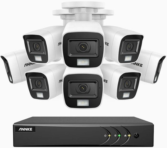 Sistem performant de supraveghere video ANNKE DW81KN+CR1CV*8, DVR 8 canale hibrid, 8 camere tip Bullet interior/exterior, 5MP, Ultra HD/2k+, lumina duala IR si alba, vedere nocturna, audio, rezistent la intemperii