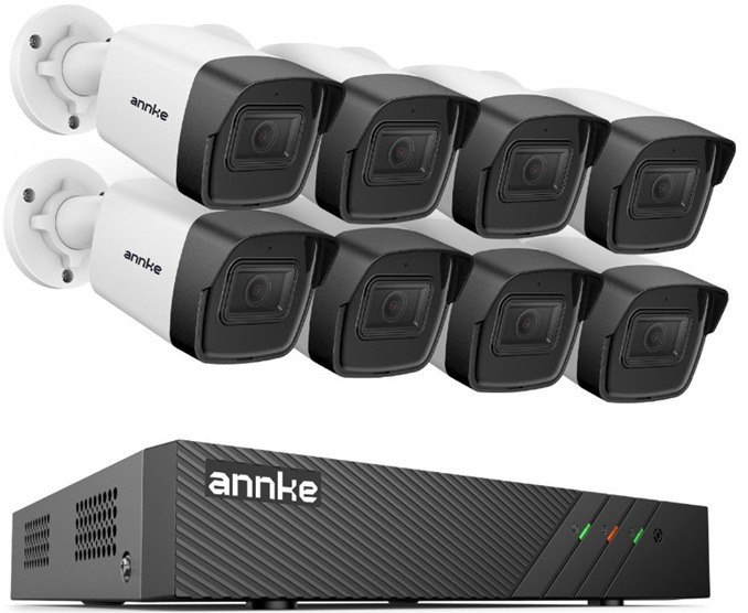Sistem performant de supraveghere video ANNKE N98PBL+I51DL*8, PoE, NVR 8 canale, 8 camere tip Bullet interior/exterior 5MP, Ultra HD/2k+, vedere nocturna IR, audio, rezistent la intemperii