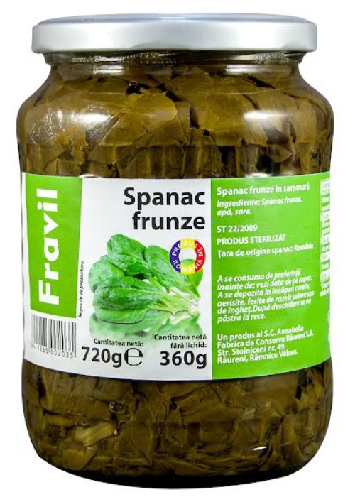 Spanac Frunze in Saramura, 720g Fravil