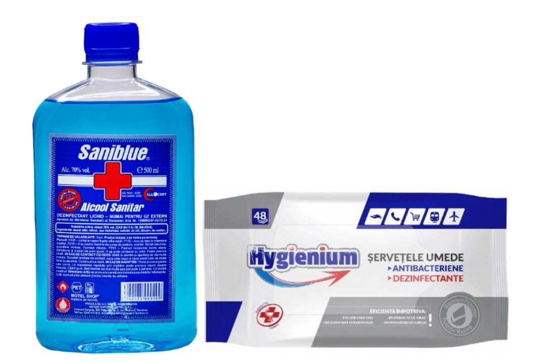 Pachet Saniblue Spirt/ Alcool Sanitar 70%, 500 ml si Hygienium Servetele Umede Dezinfectante Biocid 48 buc, avizat Ministerul Sanatatii