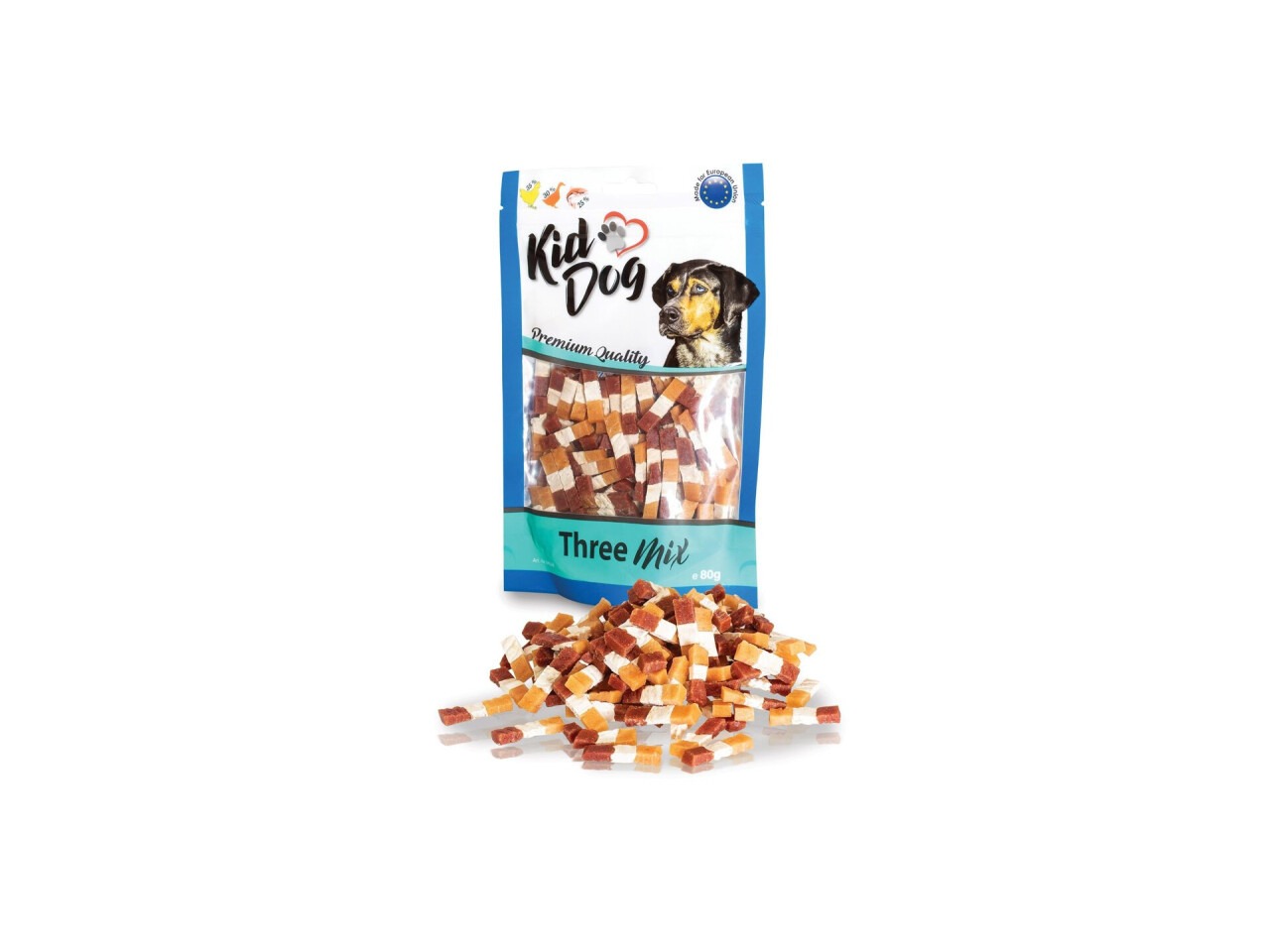 KidDog Recompense Pentru Caini, Three Mix Cu Pui/Rata/Cod 80 g A04539