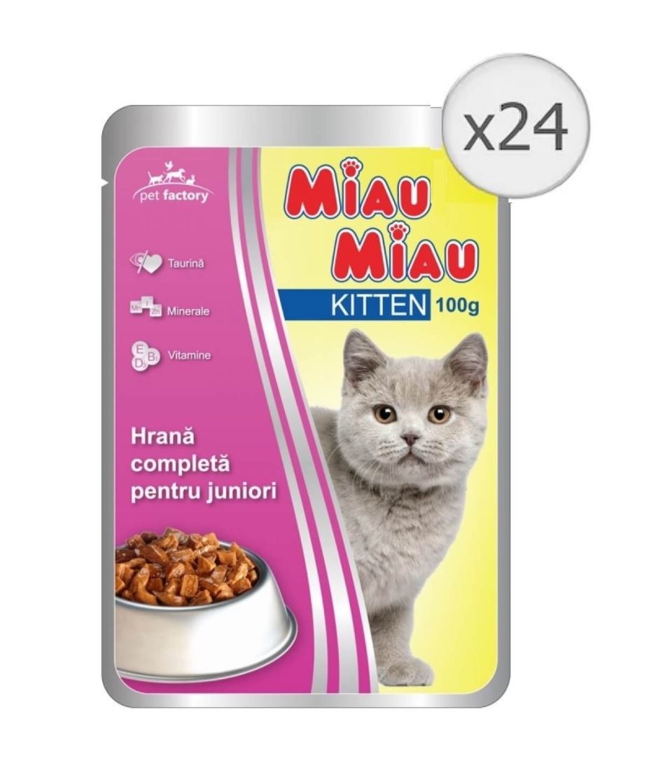 Pachet Miau Miau Kitten Mancare umeda pisici, 100 g x 24 buc