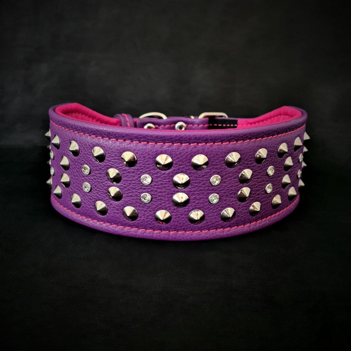 Bestia Zgarda Crystal, Piele Naturala, L, Violet/Roz
