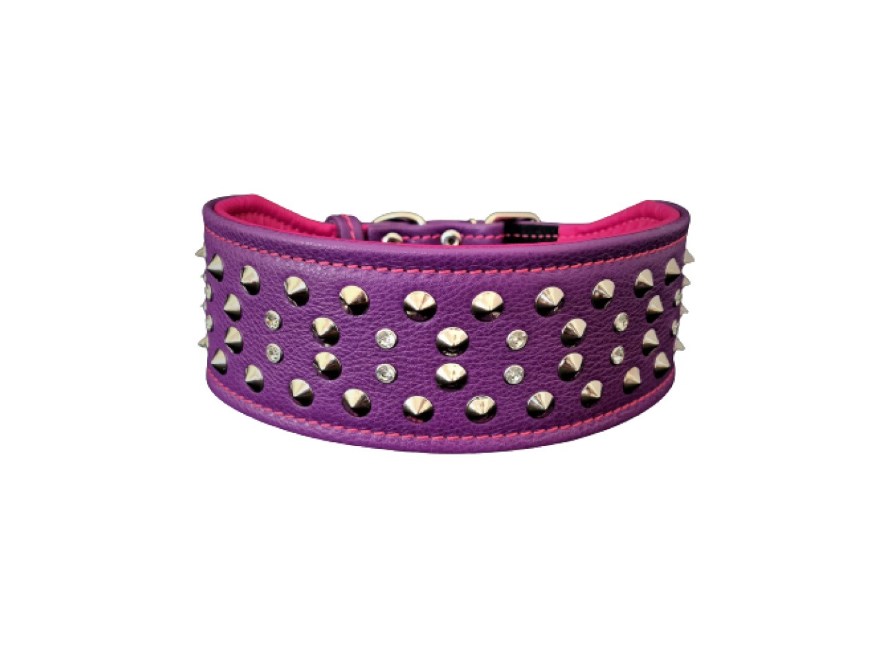 Bestia Zgarda Crystal, Piele Naturala, XL, Violet/Roz